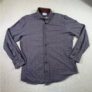 Emanuel Berg Men's 16.5 Large Brown Blue Print Modern Fit Cotton Dress Shirt